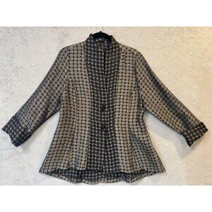 IC by Connie K Jacket High Low Tunic Tan & Black Patterned 3/4 Sleeves Sz M
